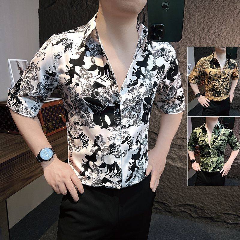七分袖花衬衫男款爆款2025新款夏季薄款网红洋气痞帅男士短袖衬衣