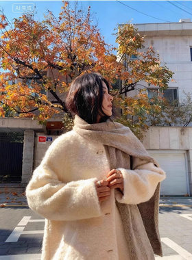 6193秋冬羊驼圈圈呢大衣圆领A字版型慵懒风百搭小个子毛呢外套女