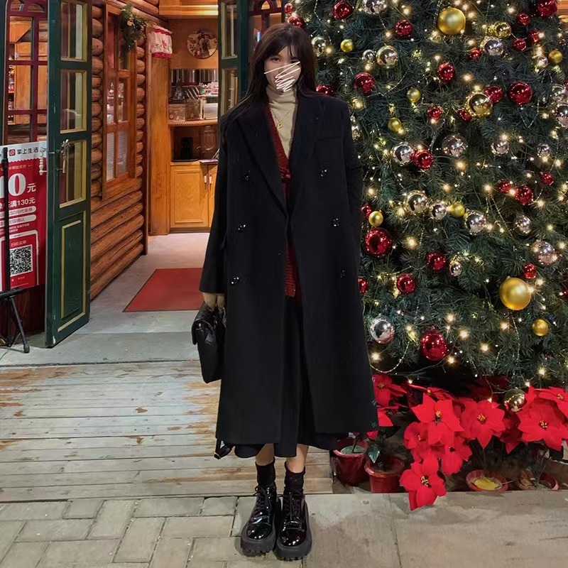 赫本风毛呢外套女2025新款黑色韩版复古中长款过膝修身呢子大衣