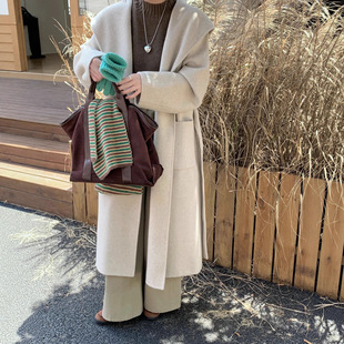 6197秋冬双面羊绒毛呢大衣宽松气质长款外套女带连帽子披肩浴袍款