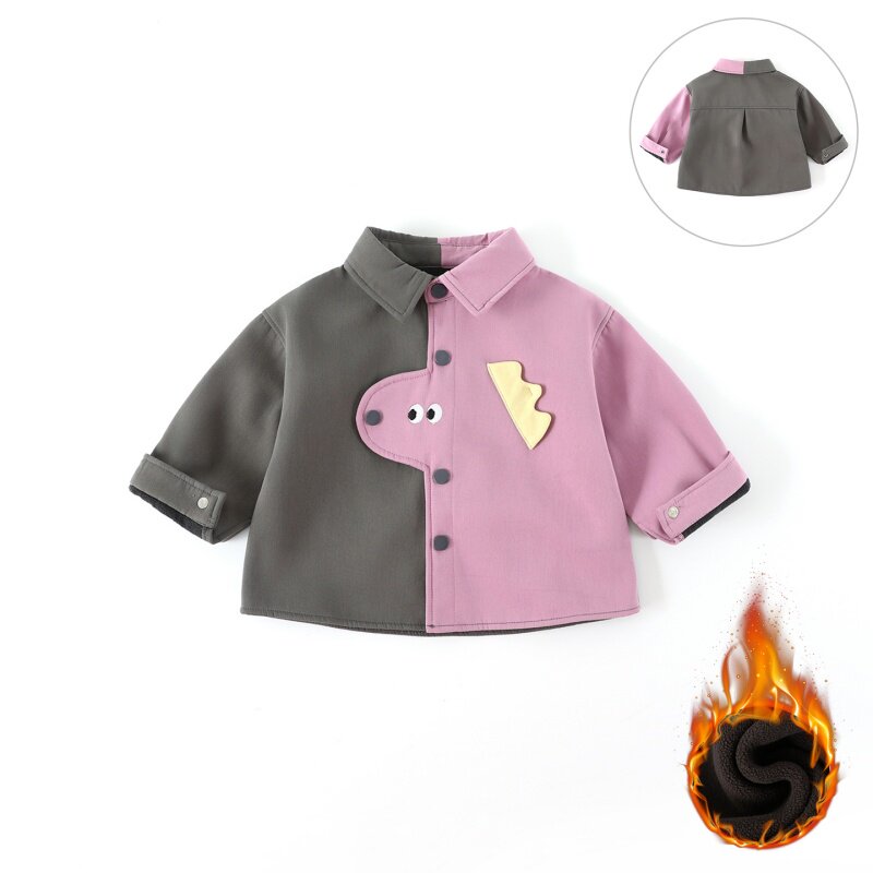 【加绒】男童衬衫冬季新款男童韩版卡通恐龙拼色保暖外套AW084