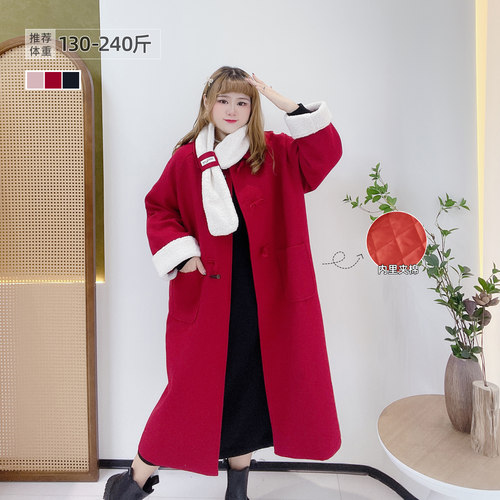 大码减龄围脖牛角扣加厚呢大衣
