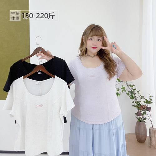 大码韩版彩点圆领刺绣短袖T恤