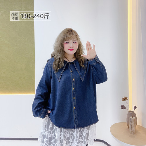 大码减龄娃娃领宽松休闲牛仔衬衣