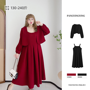 胖mm简约红色连衣裙遮肉显瘦敬酒服通勤西服套装 胖莹莹大码 女装