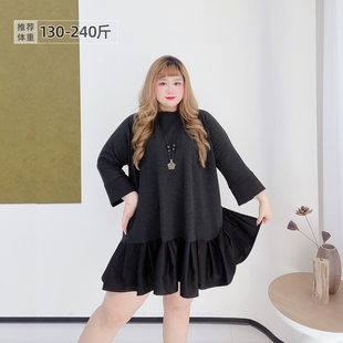 胖莹莹大码女装300斤胖mm德绒小众设计感宽松拼接花边短款连衣裙
