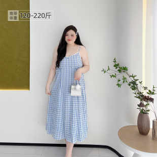 蕾丝花边格纹清新少女感蓝色系吊带长裙 2026夏季 胖莹莹大码 女装