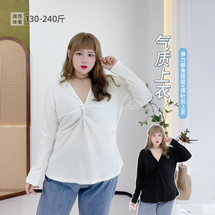 设计感针织上衣打底衫 女装 弹力V领性感胖莹莹大码 2025秋胖MM修身