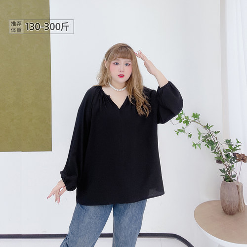 大码法式V领复古宽松衬衫