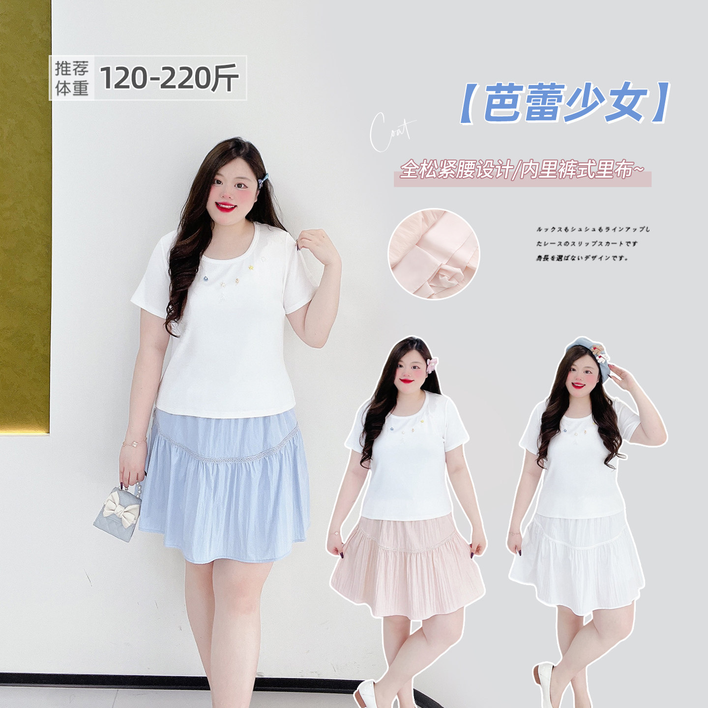 200斤胖莹莹大码女装清新少女感松紧腰韩系百搭A字花边显瘦半身裙,女装/女士精品,大码半身裙,淘宝优惠券,粉丝福利购,淘宝优惠卷