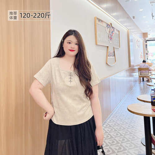 大码美式少女感绑带收腰扎染T恤