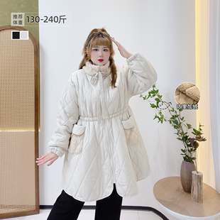 立领菱格棉服仿羊羔绒收腰裙式 胖莹莹大码 时尚 300斤冬装 外套 女装