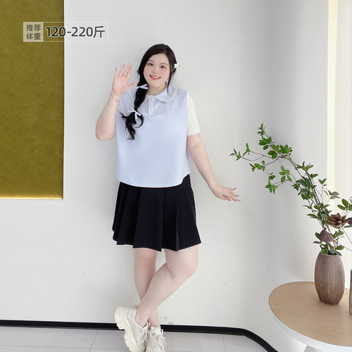 大码花边polo领元气少女撞色T恤