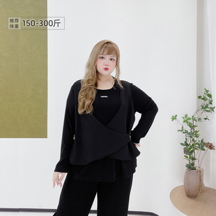 T恤宽松减龄上衣 设计感酷飒假两件黑色时尚 300斤胖莹莹大码 女装