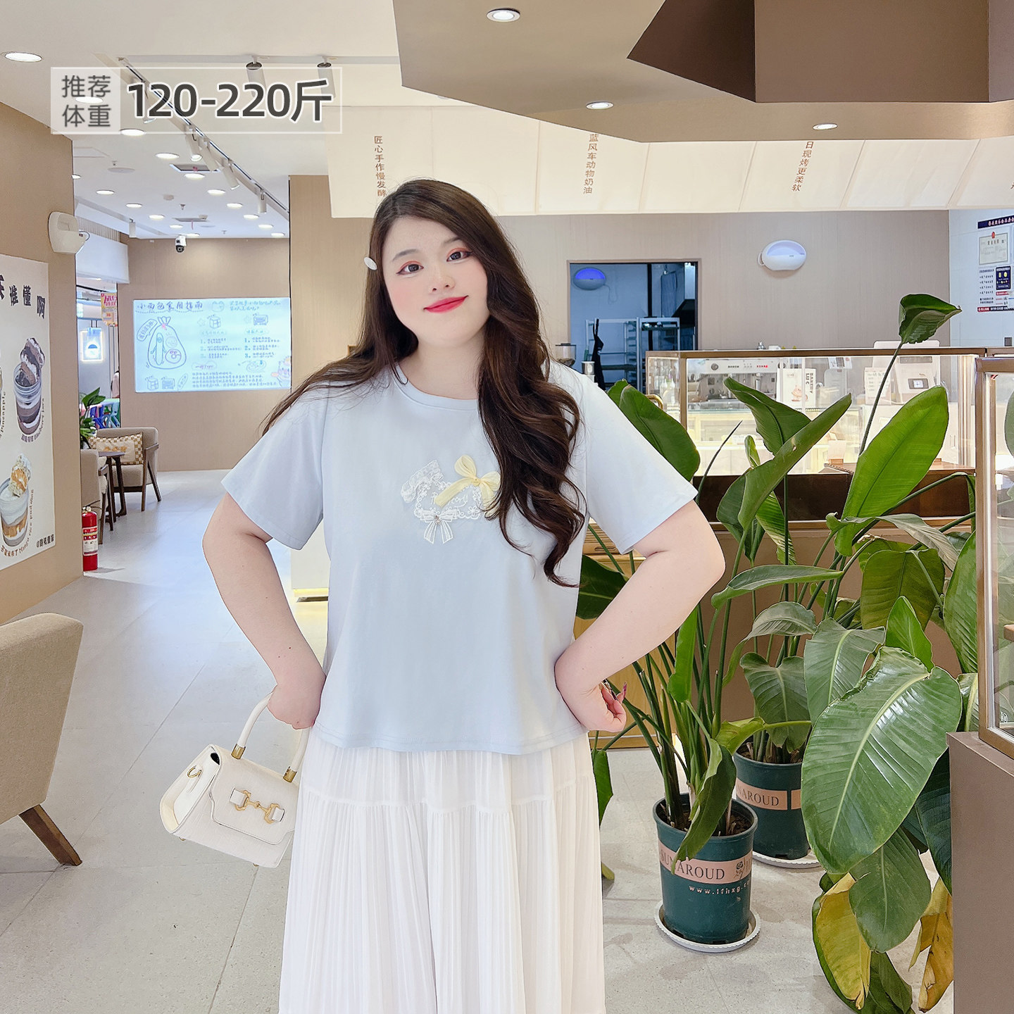 胖莹大码女装少女感减龄韩系俏皮可爱蕾丝蝴蝶结正肩圆领短袖T恤