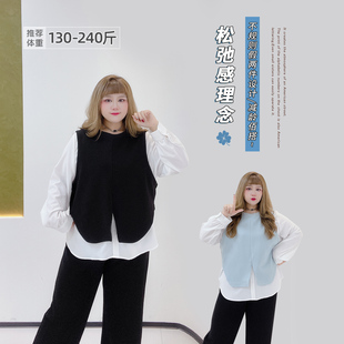 2025秋冬简约高级感衬衫 女装 百搭上衣 撞色假两件胖莹莹大码 法式