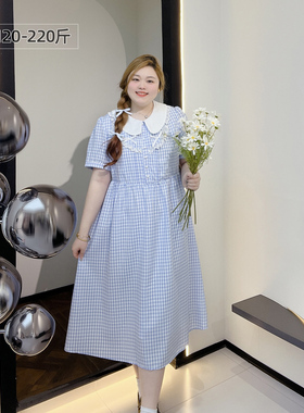 胖莹莹大码女装甜美浅春系田园风格子娃娃领温柔显瘦奶甜连衣裙