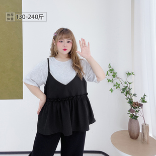 小眾簡約學院風減齡T恤荷葉邊顯瘦吊帶百搭休閑套裝 女裝 胖瑩大碼