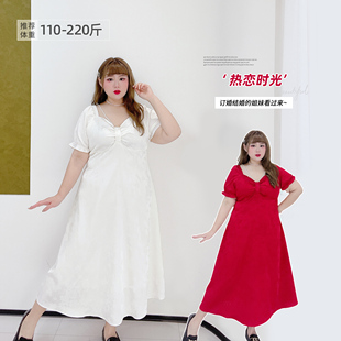 胖莹莹大码 2025夏红色珠链提花敬酒服御姐优雅长裙显瘦连衣裙 女装