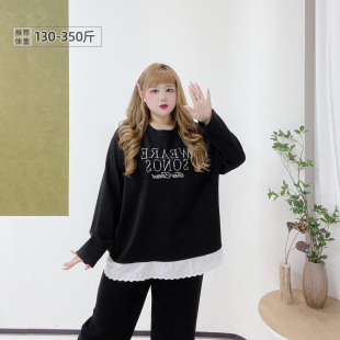 300斤胖莹莹大码 韩系减龄钉珠烫钻假两件宽松设计感黑色卫衣 女装