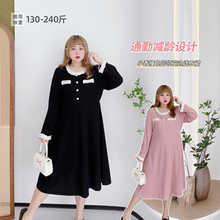 连衣裙 240斤胖mm小香甜美撞色收腰花边显瘦长款 胖莹莹大码 女装