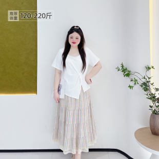 胖瑩大碼 韓系溫柔風彩虹條紋設計感多巴胺蛋糕長裙蕾絲半身裙 女裝