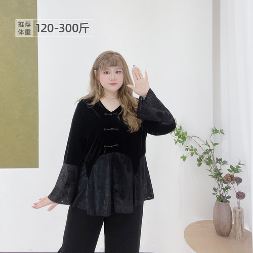 300斤胖莹莹大码女装2026春款新中式A字版丝绒刺绣重工高级感上衣