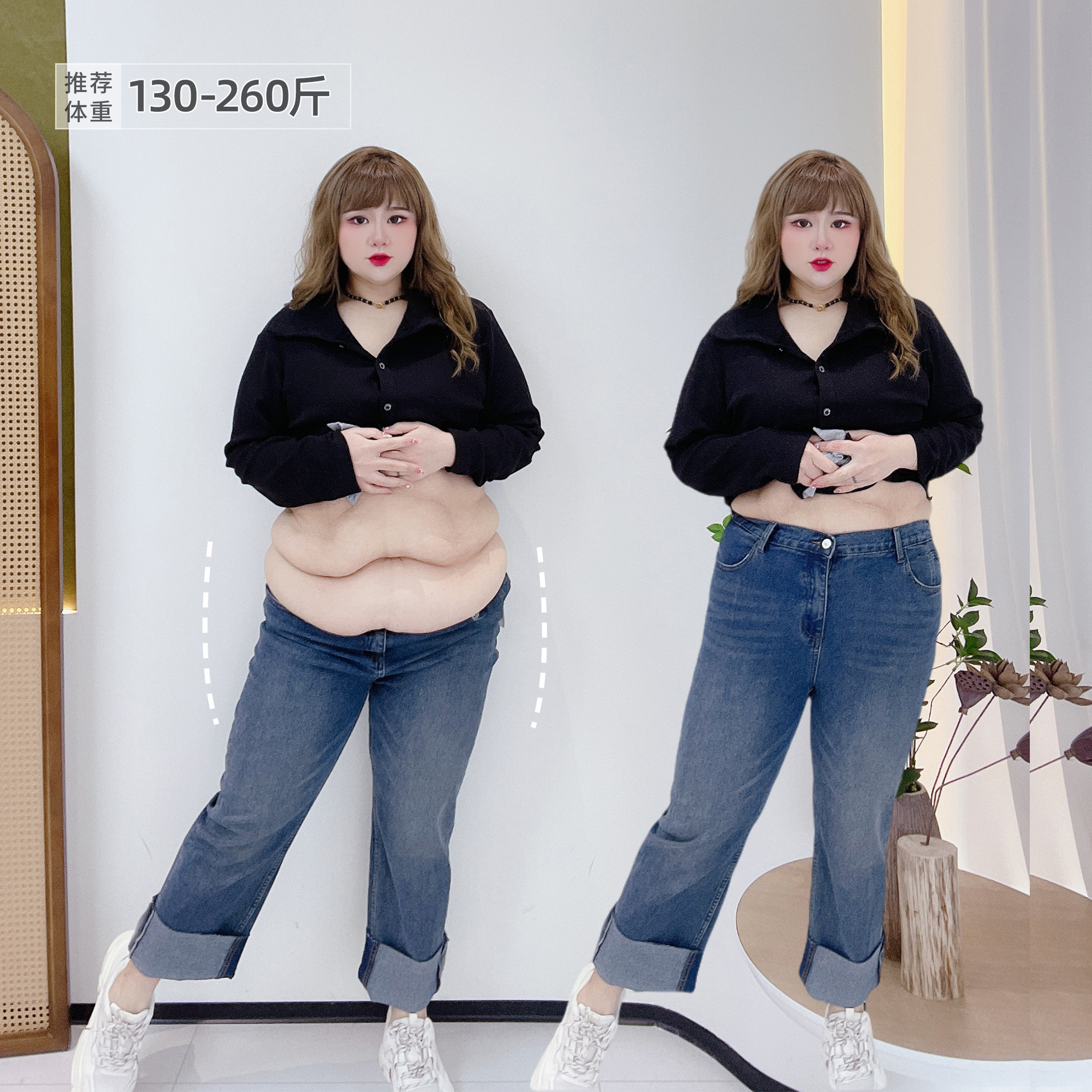 2025秋款胖莹莹大码女装200斤胖mm高腰显瘦松紧腰翻边牛仔烟管裤,女装/女士精品,大码裤装,淘宝优惠券,粉丝福利购,淘宝优惠卷