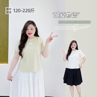 清新少女感胖瑩大碼 200斤胖mm韓系減齡蝴蝶結蕾絲花邊正肩T恤 女裝