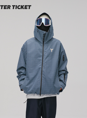 WinterTicket双单板自由式OVERSIZE宽大嘻哈蓝竖条纹3L夹克滑雪服