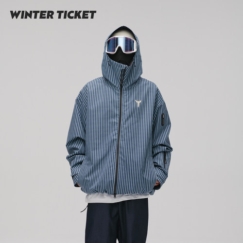 WinterTicket双单板自由式OVERSIZE宽大嘻哈蓝竖条纹3L夹克滑雪服