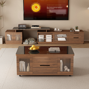 仕宇中古风茶几2025年客厅电视柜小户型可移动多功能升降茶几餐桌