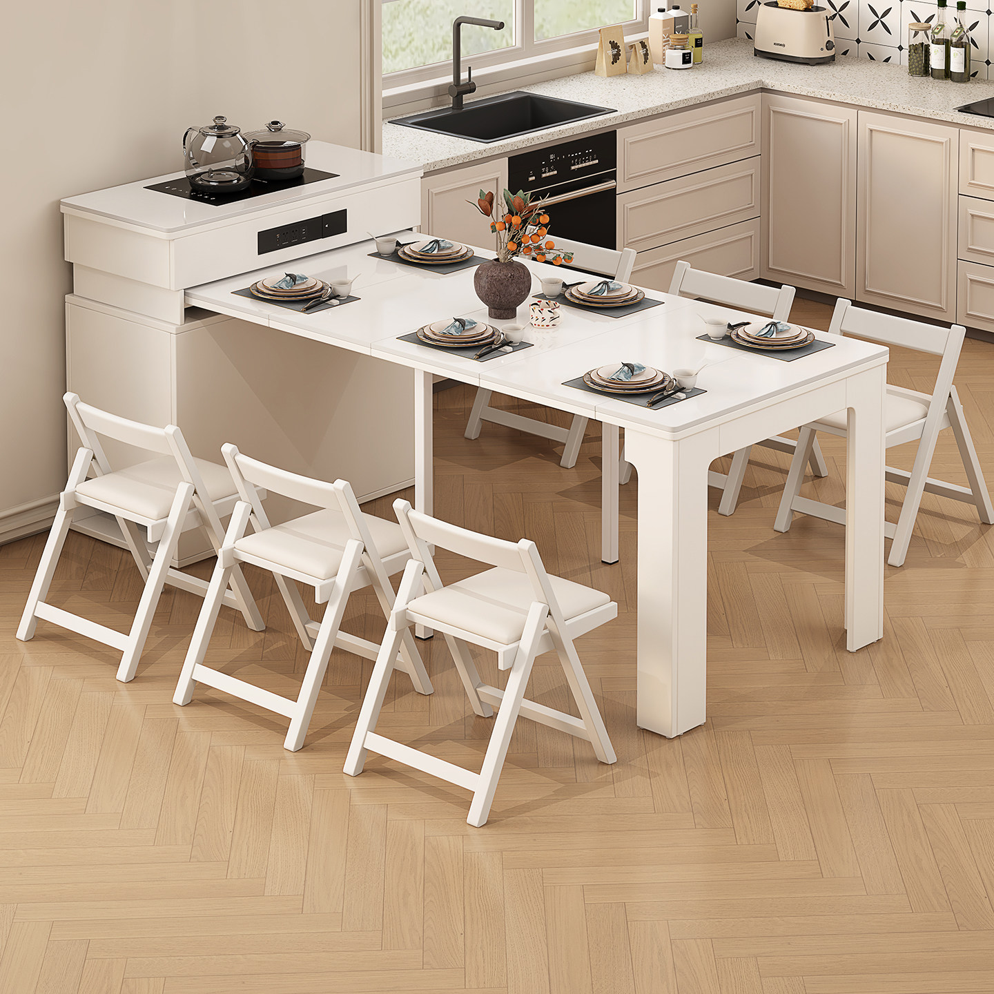 仕宇小户型实木岩板岛台餐桌一体家用可伸缩现代奶油多功能收纳桌,住宅家具,岛台餐桌,淘宝优惠券,粉丝福利购,淘宝优惠卷