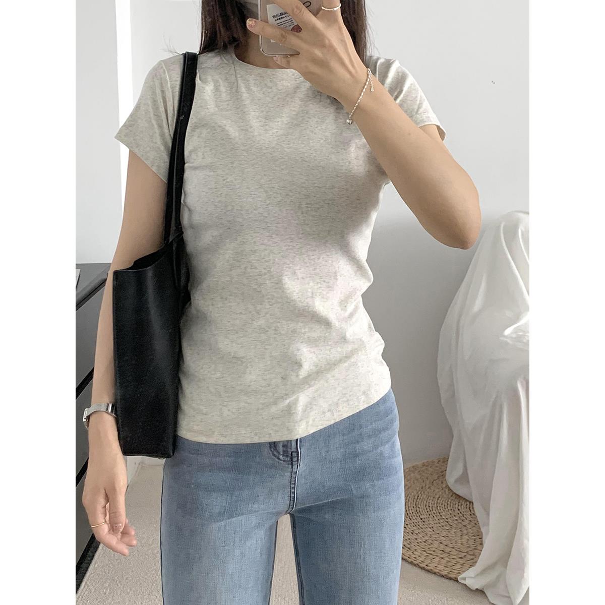 郑菲菲自制女装【怒推】浅米灰百搭小圆领全棉修身显瘦短袖T恤女