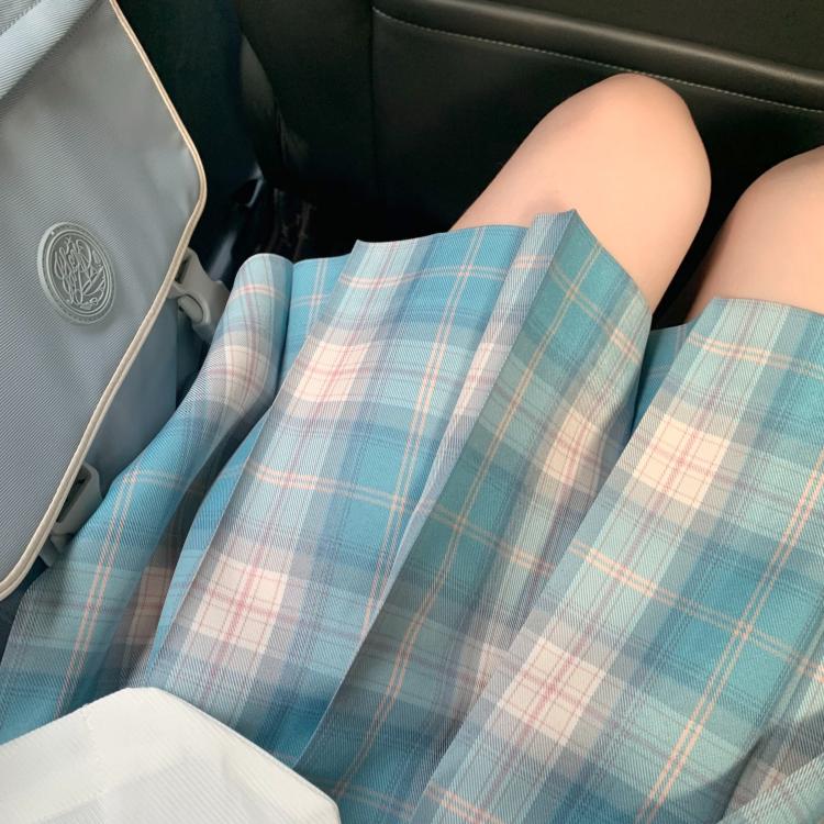 春日部【小水蓝】现货原创蓝色格裙jk制服正统百褶少女夏日包邮