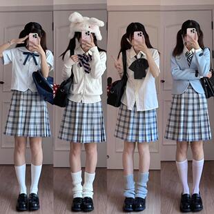 春日部【青汎高】现货原创灰色格裙jk制服女百褶校供感秋冬皮扣