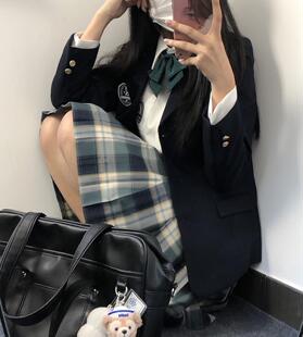 春日部 原创绿蓝色格裙jk制服校供感女百褶秋冬半身裙 淞野学园