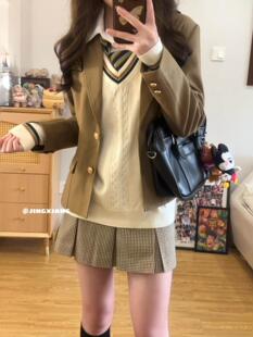 女校供 春日部 知穗学园 原创棕色西服徽章jk制服长袖 两粒扣套装