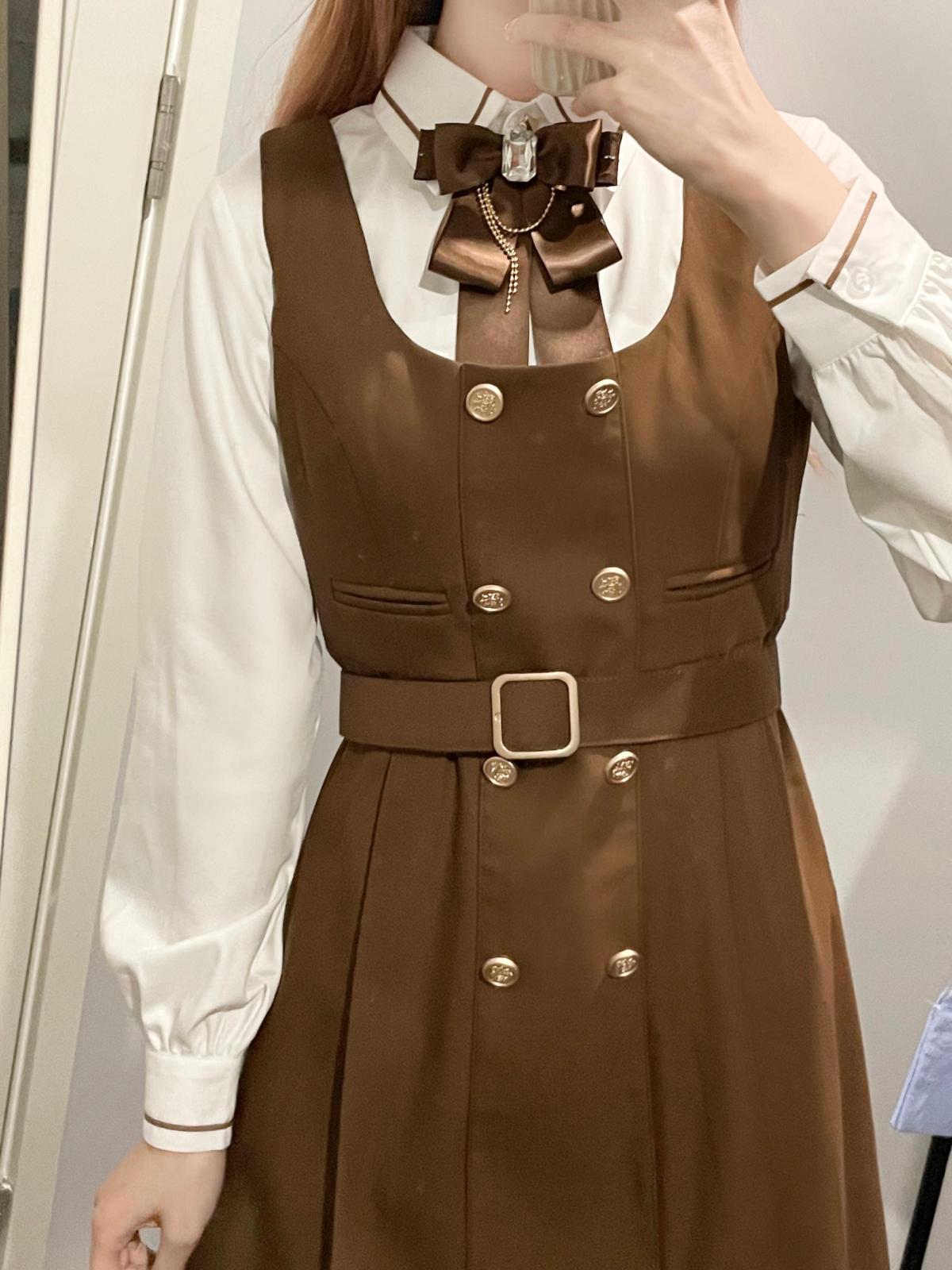 棕色背心裙jk制服百褶长裙