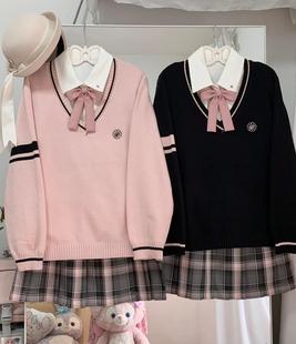 春日部 原创设计黑粉色V领毛衣刺绣jk制服学院风辣妹 野川莓莓