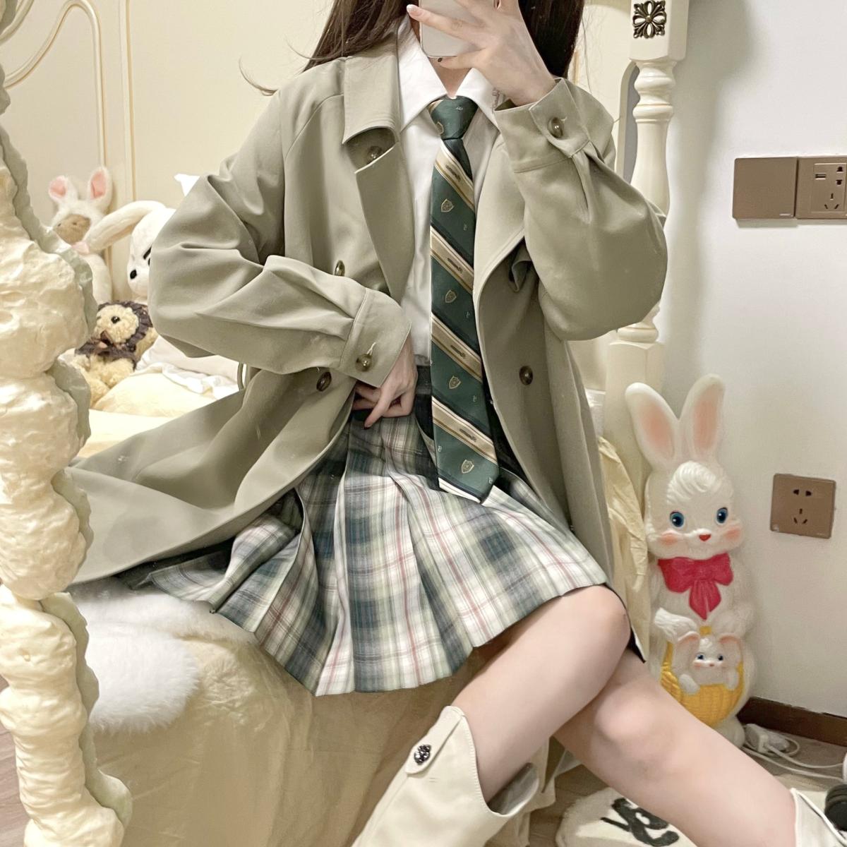 春日部【梅子茶寮】现货原创深绿色格裙jk制服正统女百褶优等学院