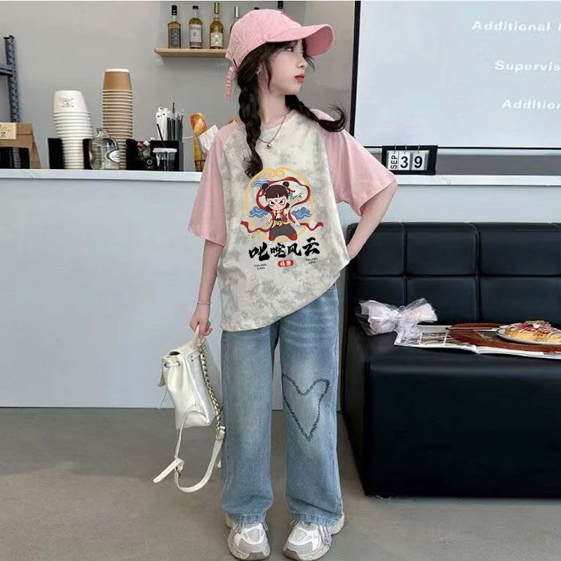 女童夏季套装2025新款洋气大童哪吒纯棉童装短袖t恤牛仔裤两件套