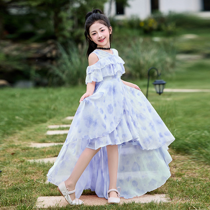 女童碎花拖尾连衣裙2026夏款前面短后面长的裙子日常穿甜美公主风