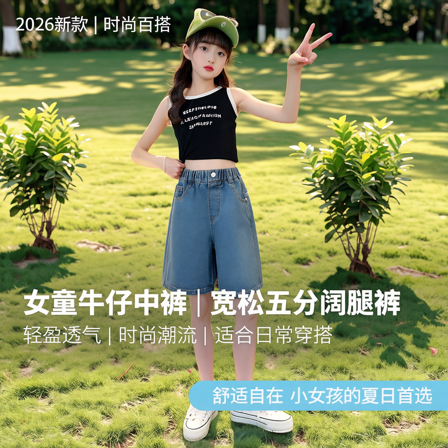 女童牛仔中裤2026新款学生宽松五分裤中大童短裤女孩薄款阔腿马裤
