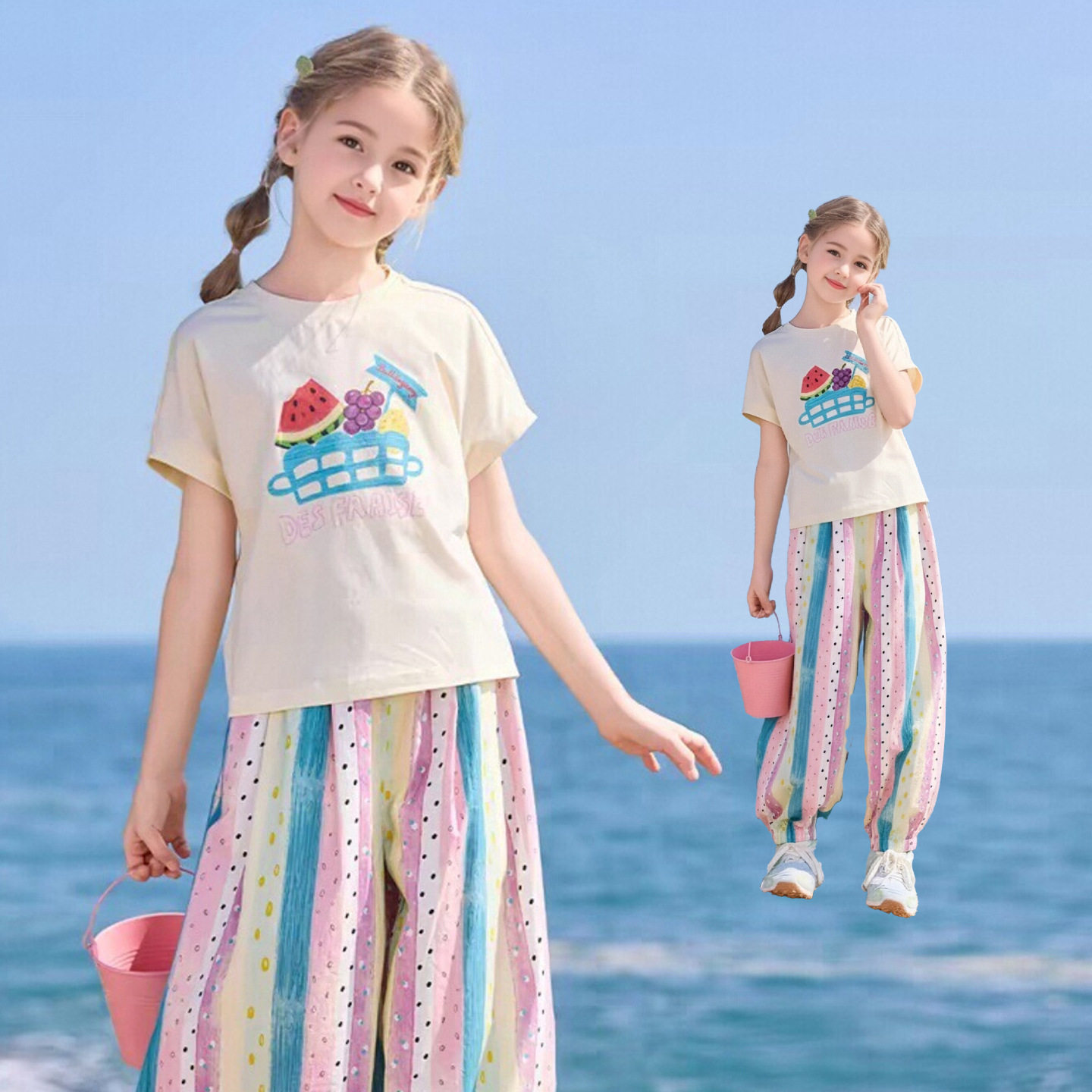 女童10A抗菌凉感夏日T恤2026夏季新款儿童洋气多巴胺短袖裤子套装