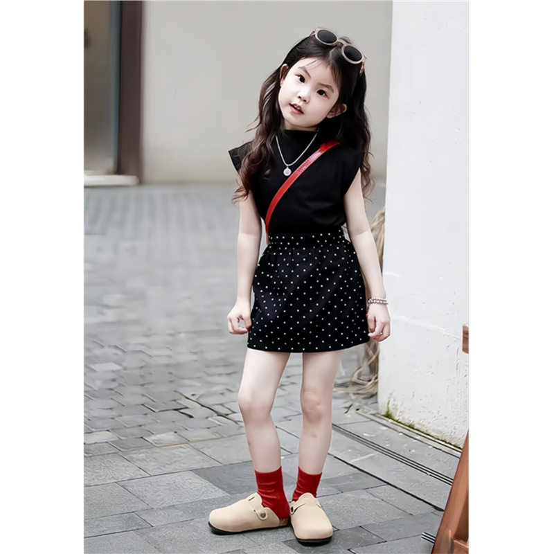 女童韩版一步裙2025夏季套装儿童黑色短袖波点半身裙包臀裙两件套
