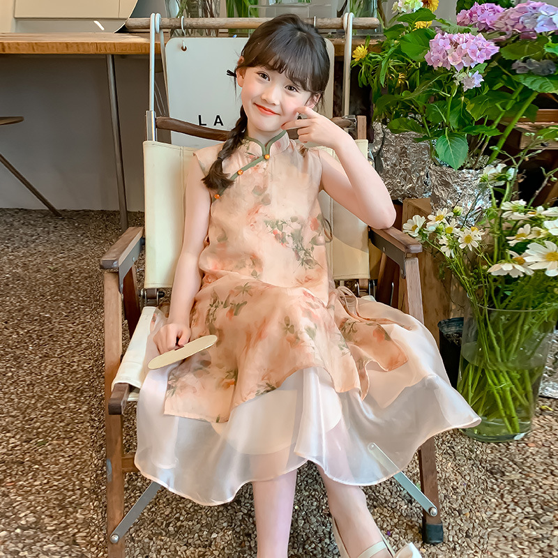 女童汉服连衣裙新中式儿童旗袍裙2025新古风蜻蜓复古假两件背心裙
