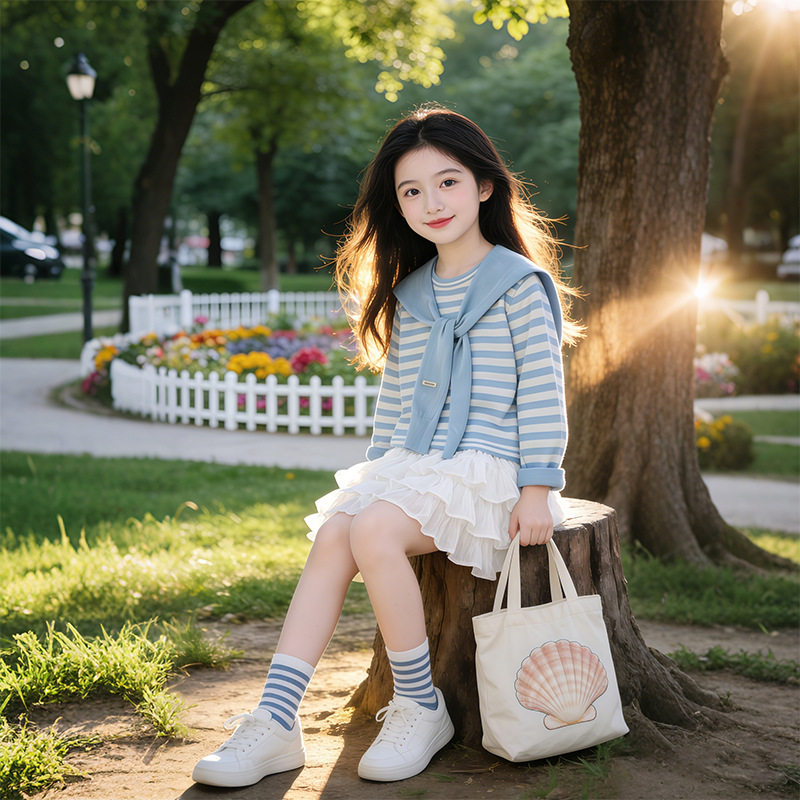 女童春秋套装2026儿童假两件披肩条纹长袖卫衣女孩子时尚蛋糕半裙