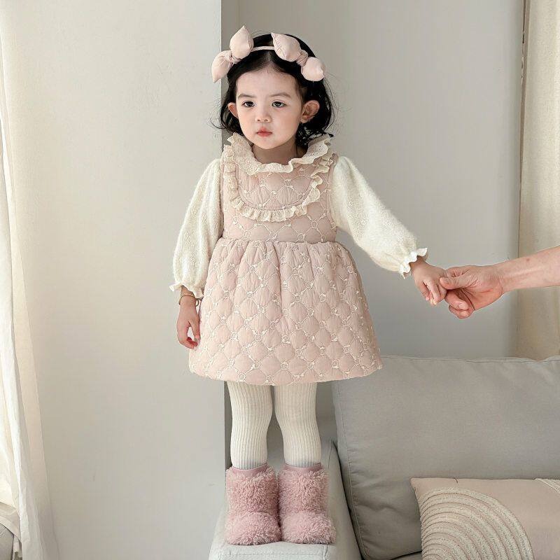 点兮冬季新款婴幼儿绗棉加绒连衣裙套装女宝宝背心裙打底衫两件套