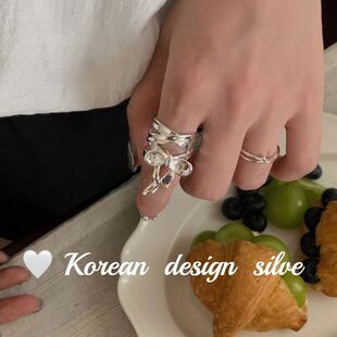 insS925年秋冬2025风蝴蝶结简约芭蕾 戒指双层纯银新款韩版重工女